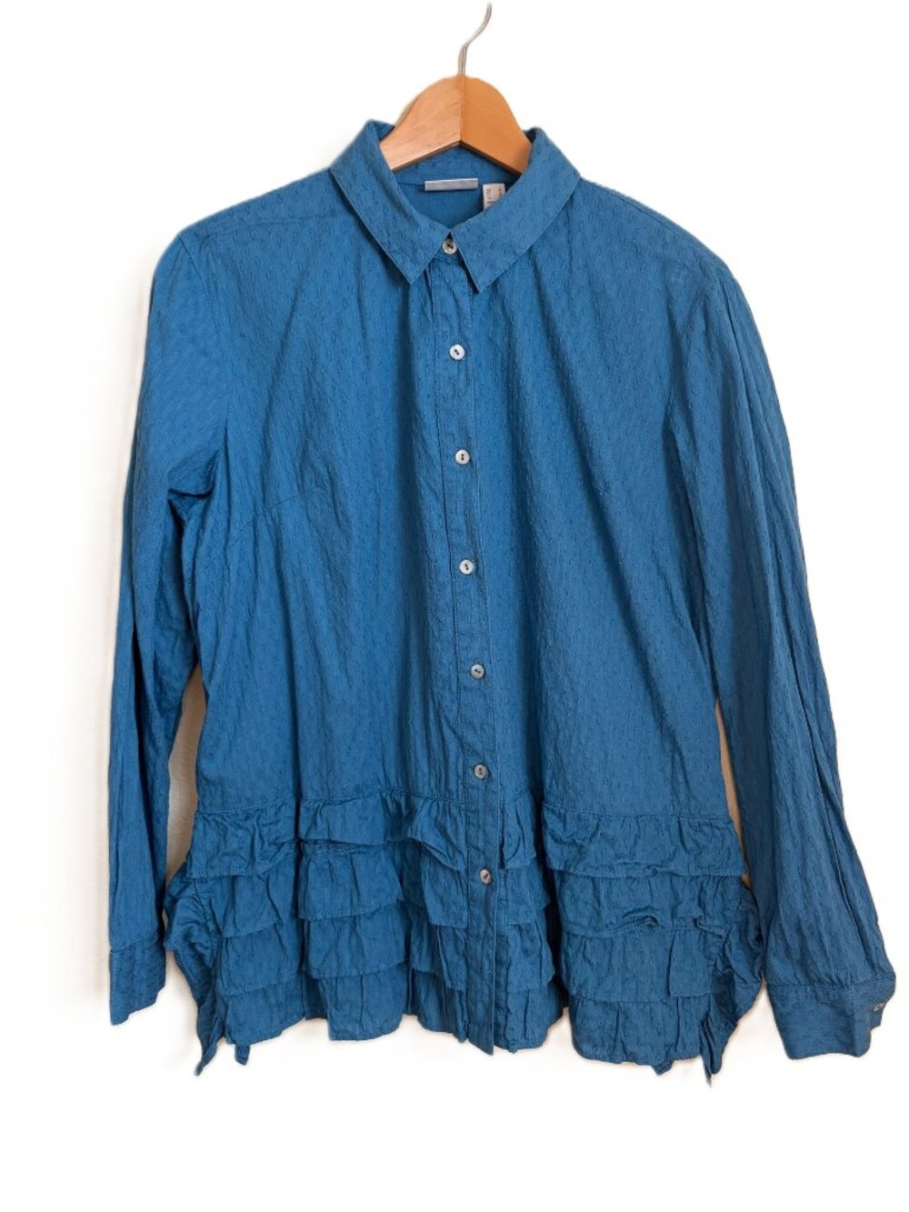 Logo Textured Ruffle Hem Top Size S Teal Cotton Button Front Lagenlook